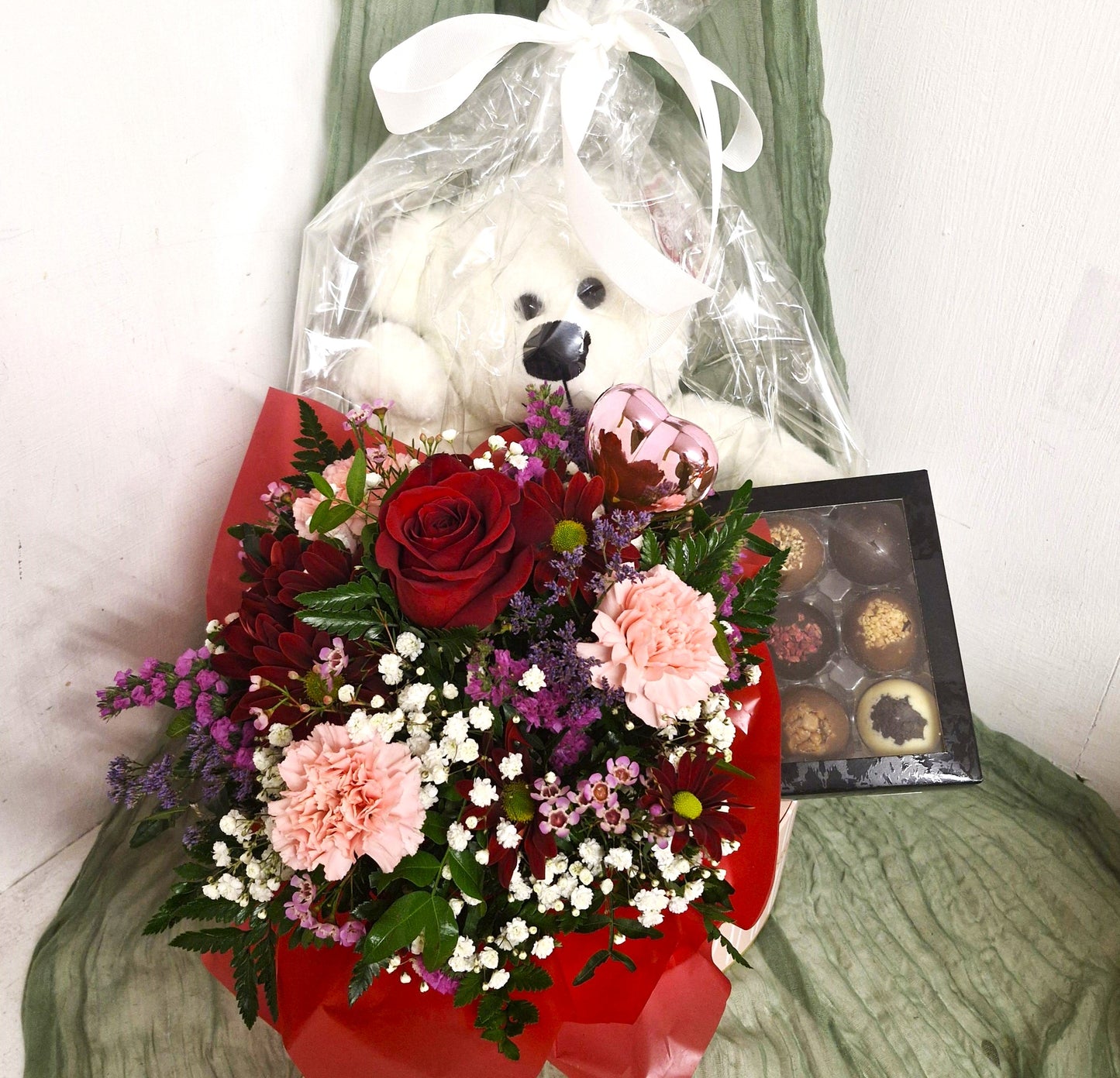 Valentines Flowers with Chocolates and Teddy