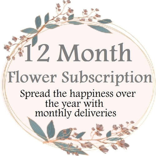 A circular image with a green wreath frame, featuring text that announces a 12 Month Flower Subscription with the tagline 'Spread the happiness over the year with monthly deliveries'.