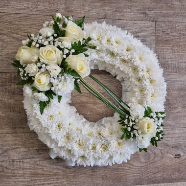 12" White ring Wreath with Rose spray