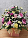 A floral arrangement featuring a variety of flowers, including roses, gerberas, and other mixed flowers in pastel pink, yellow, and white colours, presented in a pink box with a ribbon.