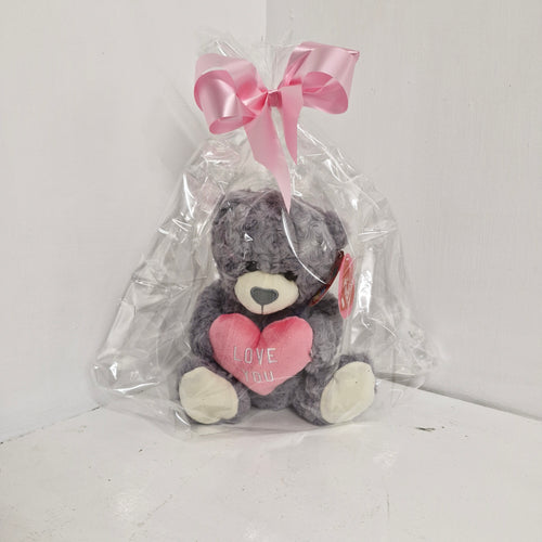 Plush toy with pink heart and bow in clear packaging