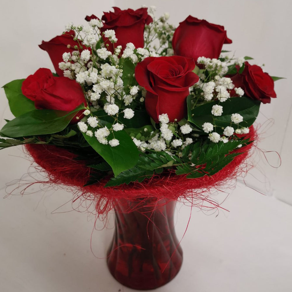 6 Red Roses in a Red Vase