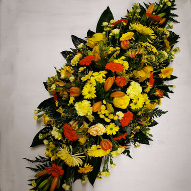 Orange and yellow 4ft (120cm) casket spray